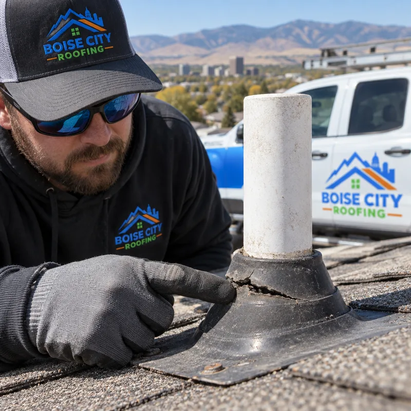 Plumbing vent boot on a shingle roof showing cracking or separation that can cause leaks