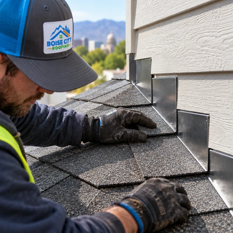 Properly installed step flashing where a shingle roof meets a sidewall