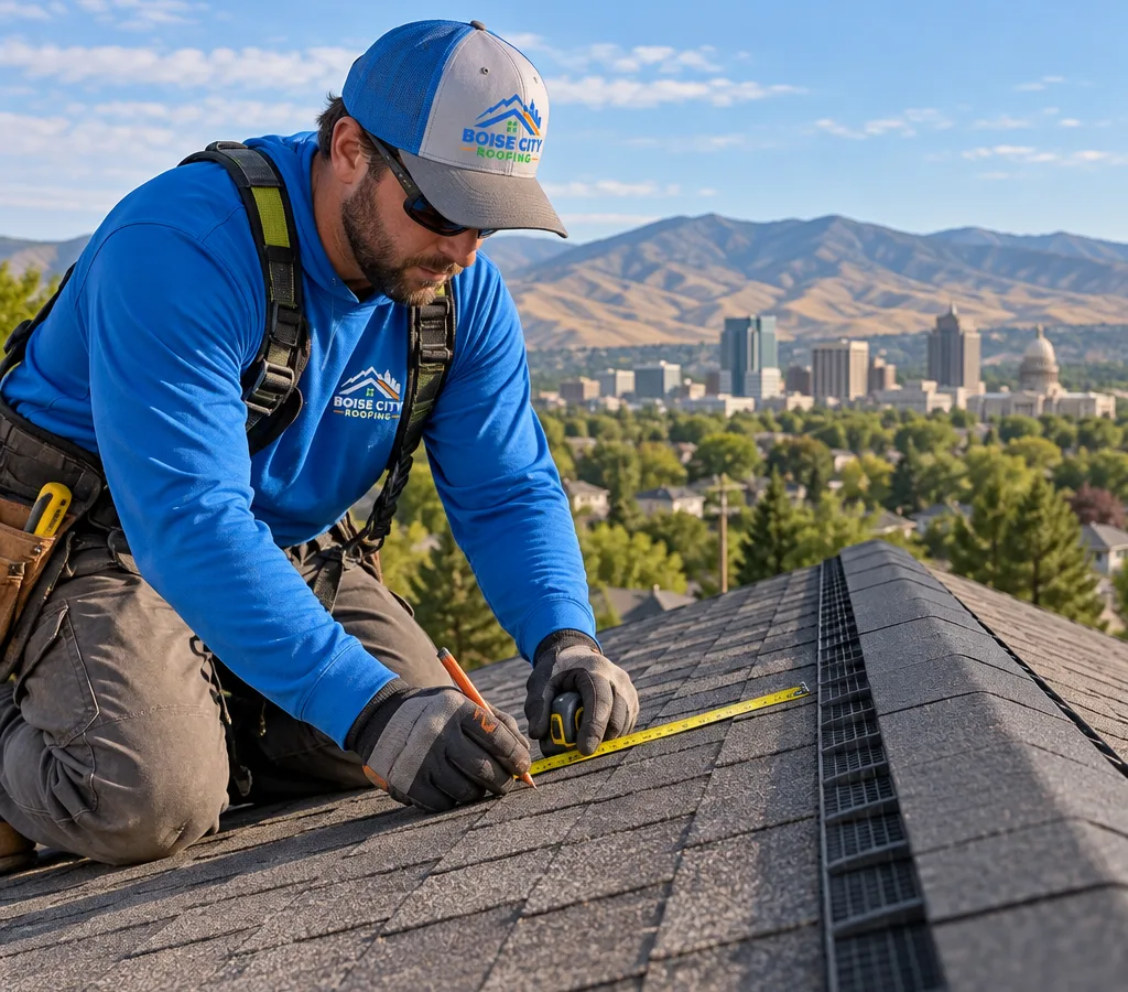 Contractor measuring and marking an asphalt shingle roof near a ridge vent on a Boise home