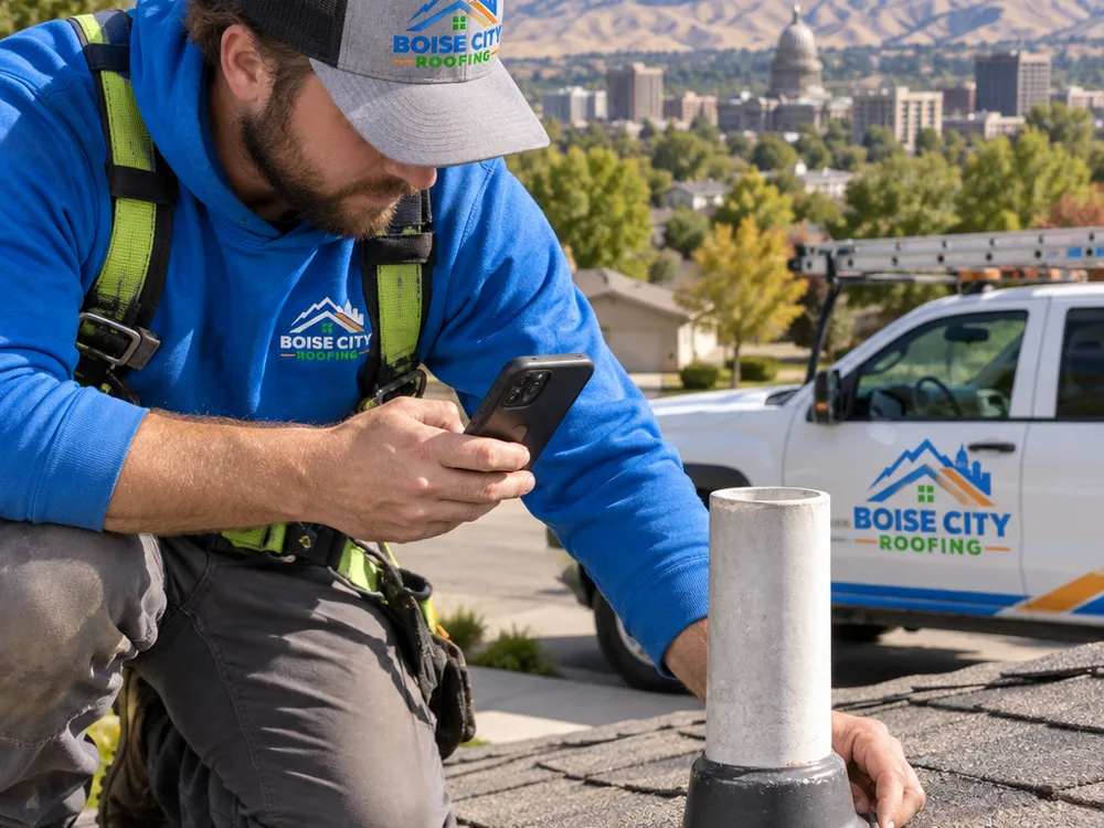 Roofer inspecting flashing at a plumbing vent boot and photographing shingle condition on a Boise-area home