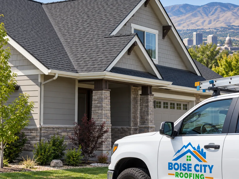 Finished residential asphalt shingle roof with a ridge vent and clean valleys on a Boise-area home