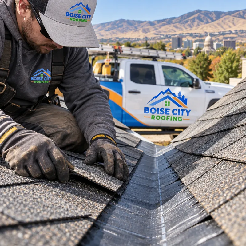 Roof valley showing membrane beneath shingles and a clean layered valley line