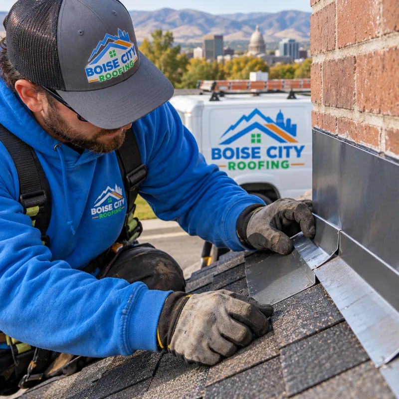 Step flashing and counterflashing at a chimney on a shingle roof