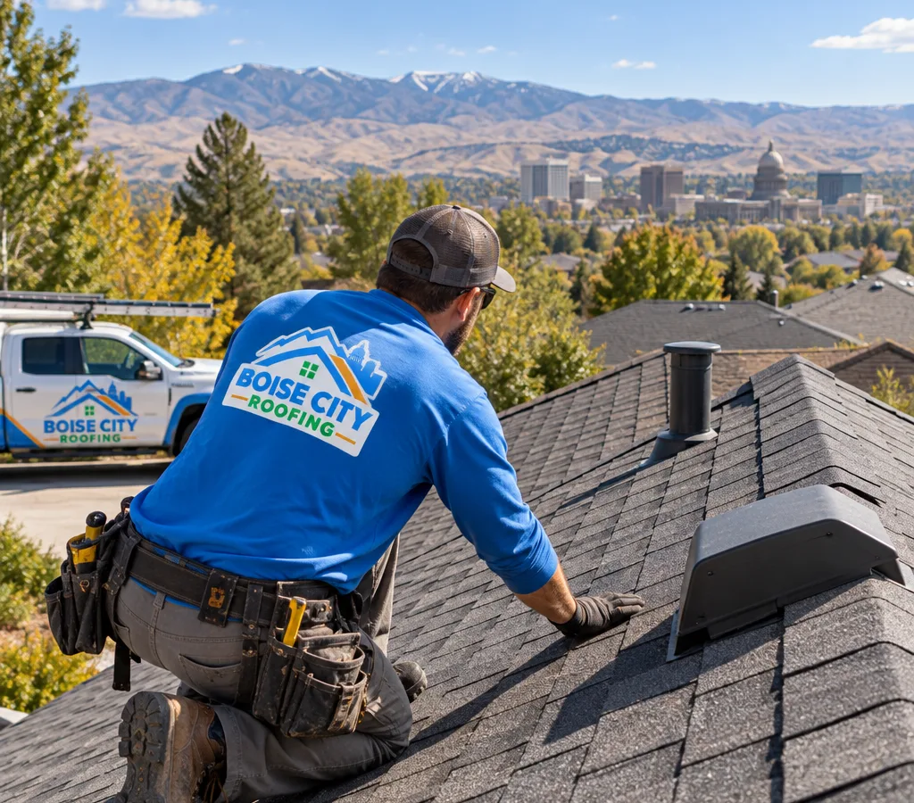 Roofer inspecting an asphalt shingle roof on a Boise-area home and looking toward the ridge and roof penetrations