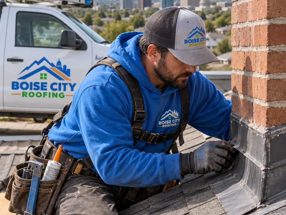 Roofer examining flashing at a roof-to-wall intersection near a chimney with tools visible
