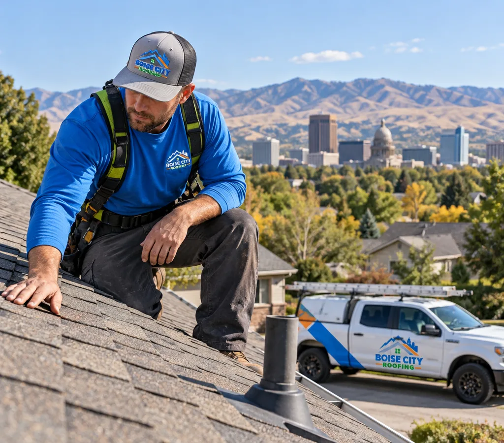 Contractor inspecting shingles, flashing, and roof penetrations on a Boise-area home