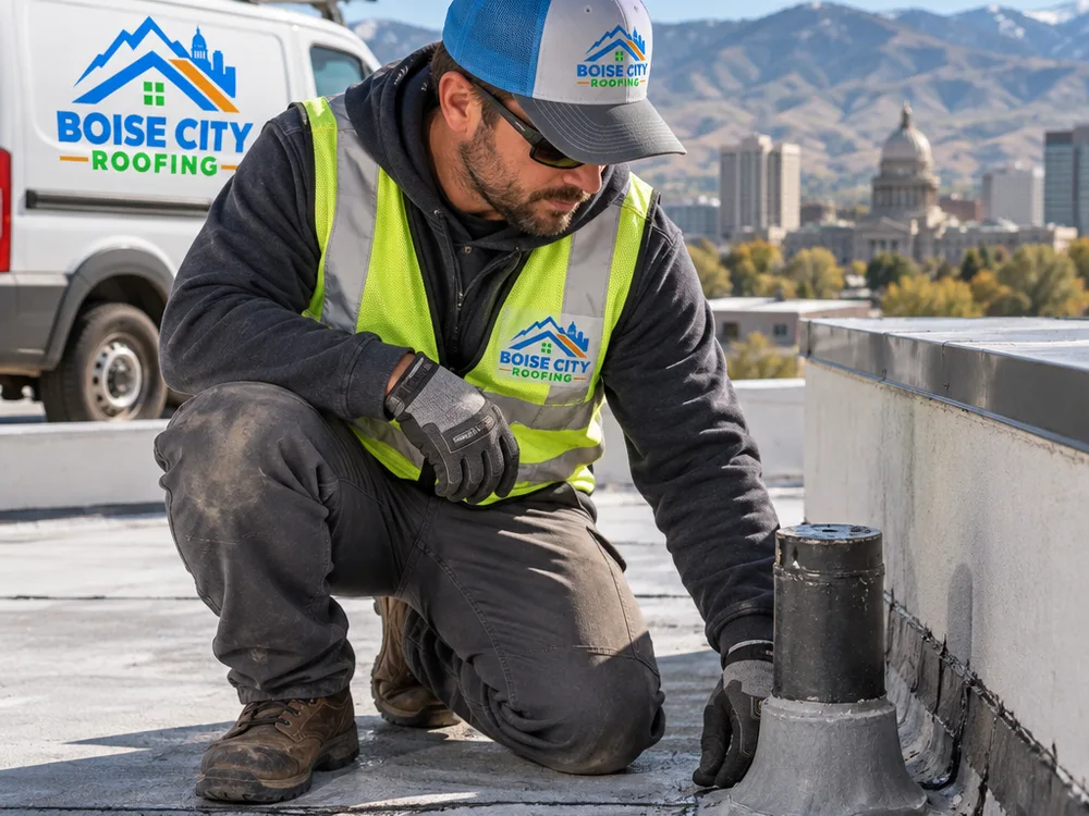 Contractor examining a low-slope roof penetration and membrane termination at a parapet edge