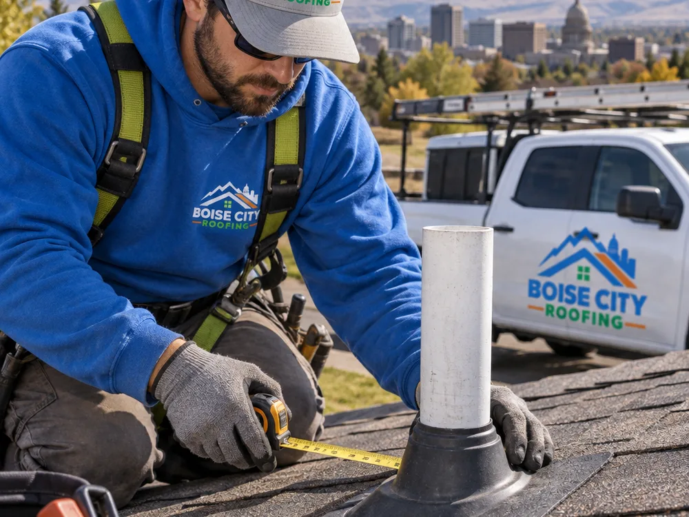 Roofer measuring and checking flashing around a plumbing vent pipe on an asphalt shingle roof