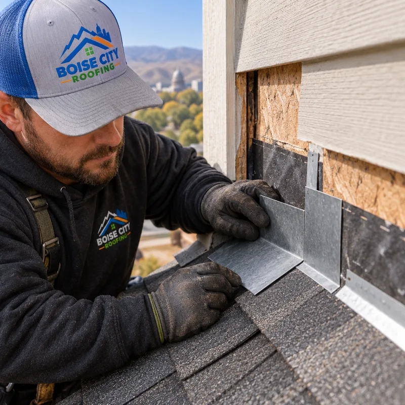 Step flashing at a roof-to-wall transition with flashing pieces and counterflashing alignment visible