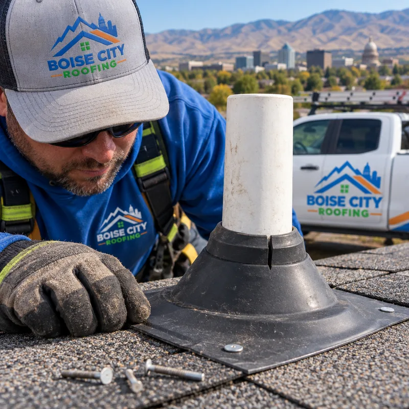 Plumbing vent pipe boot with a split rubber collar and exposed nails on an asphalt shingle roof