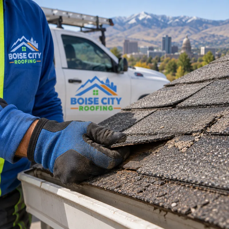 Cracked and creased asphalt shingles near an eave showing wind-lift damage and granule loss