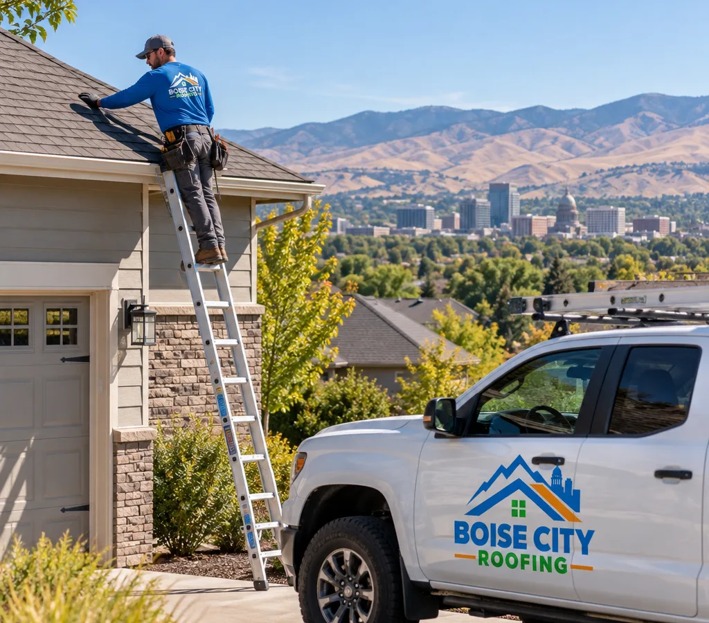 Boise-area home with a contractor inspecting an asphalt shingle roof after wind or hail