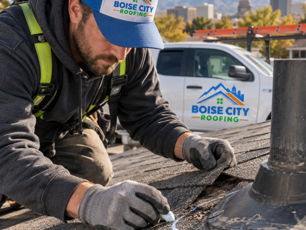 Contractor examining a damaged asphalt shingle and pipe boot flashing at a suspected leak point