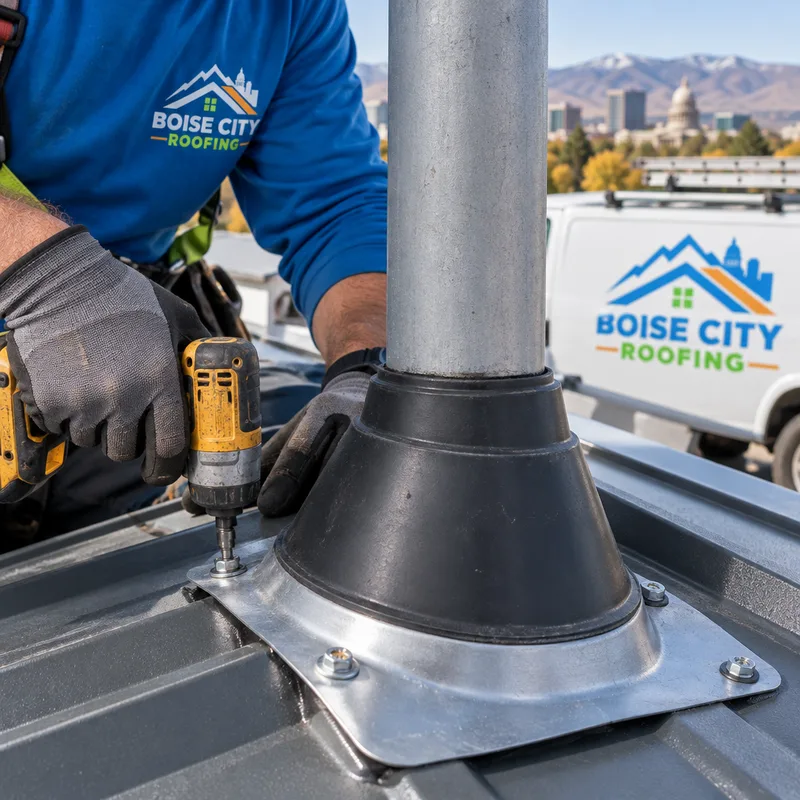 Close-up of a metal roof pipe boot and vent flashing with a tight fit and correct fastener placement