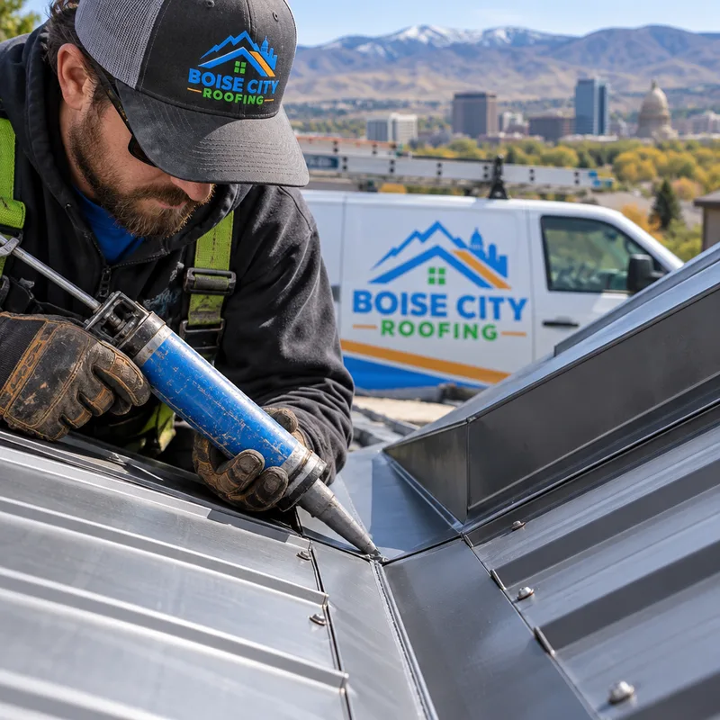 Close-up of a metal roof valley transition with formed flashing and clean sealant lines
