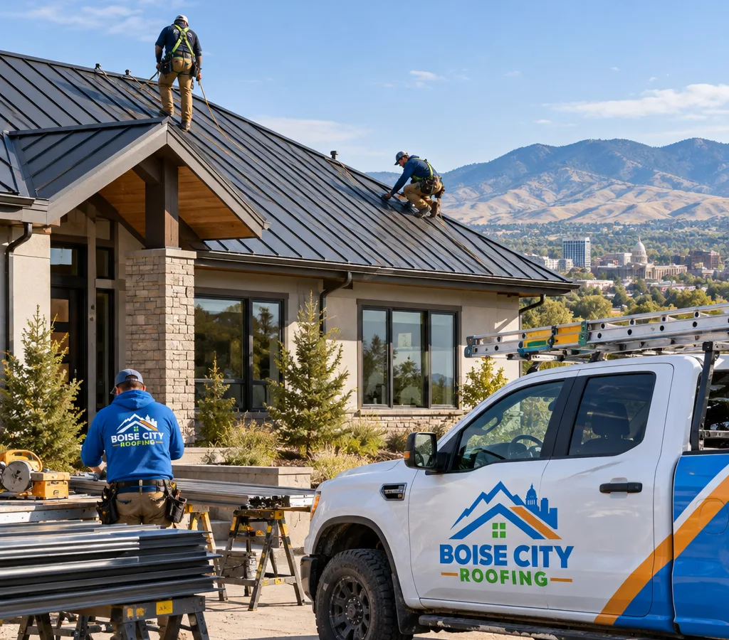 Boise-area home with a modern standing seam metal roof, clear ridge line, and clean eaves
