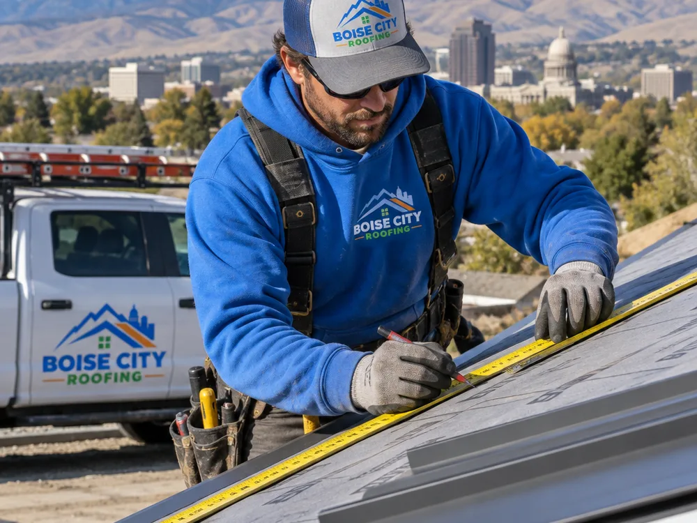 Roofing contractor measuring roof slope and panel layout near an eave for a standing seam metal roof installation
