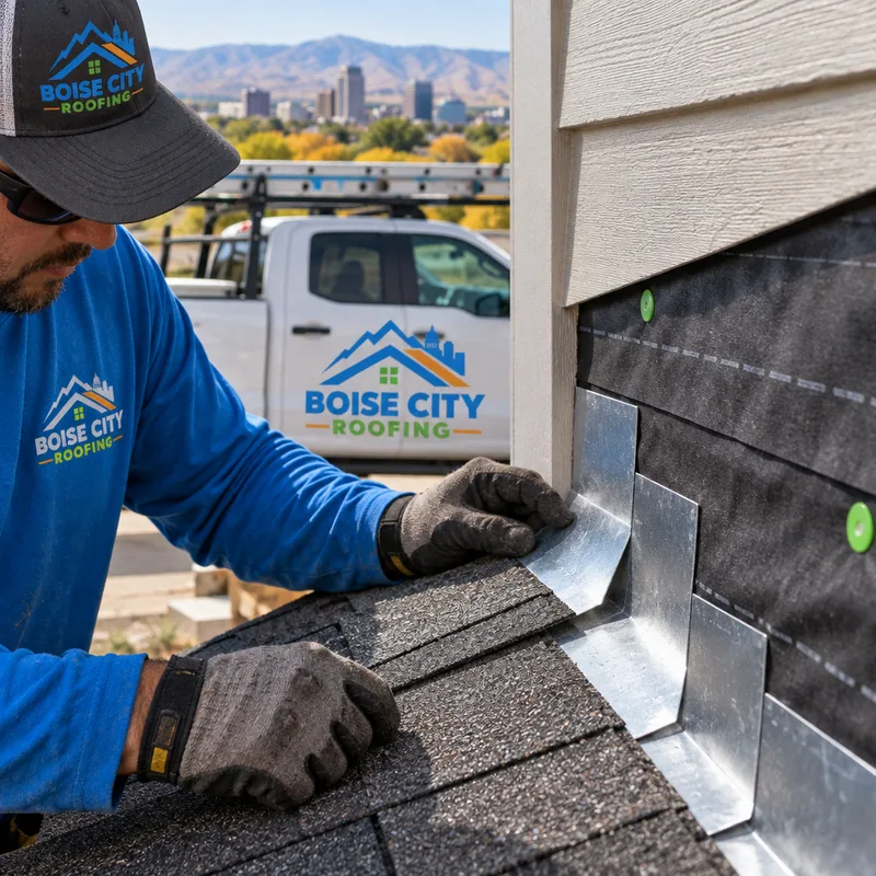 Step flashing along a sidewall where a roof meets vertical siding with underlayment properly lapped