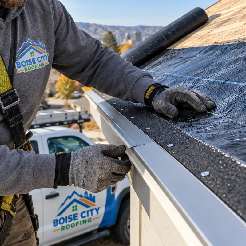 Ice-and-water membrane installed along eaves with drip edge and starter strip ready for shingles