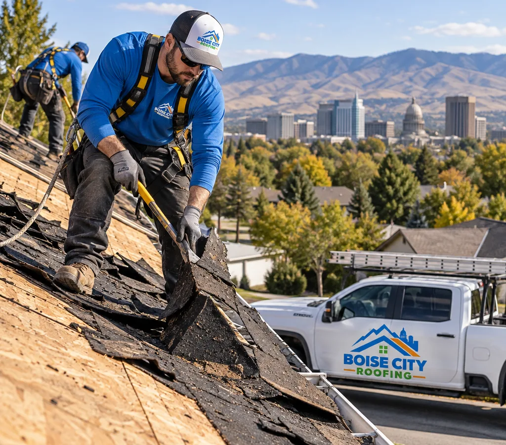 Contractor removing old asphalt shingles and underlayment on a Boise-area home roof with the roof deck visible