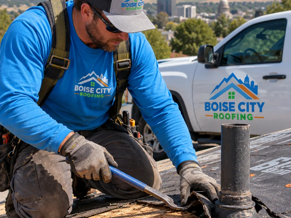 Roofer inspecting roof decking and flashing near a vent pipe during a tear-off
