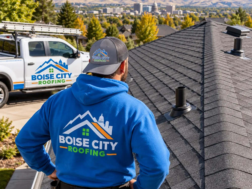 Finished asphalt shingle roof with clean ridge cap, consistent shingle lines, and new pipe boots