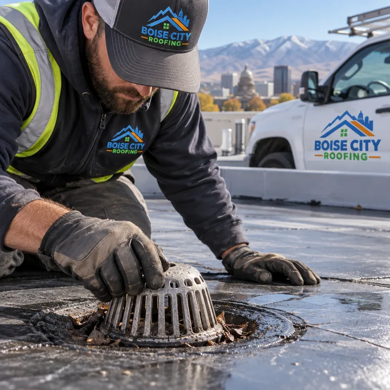 Commercial roof drain bowl, strainer, and surrounding membrane