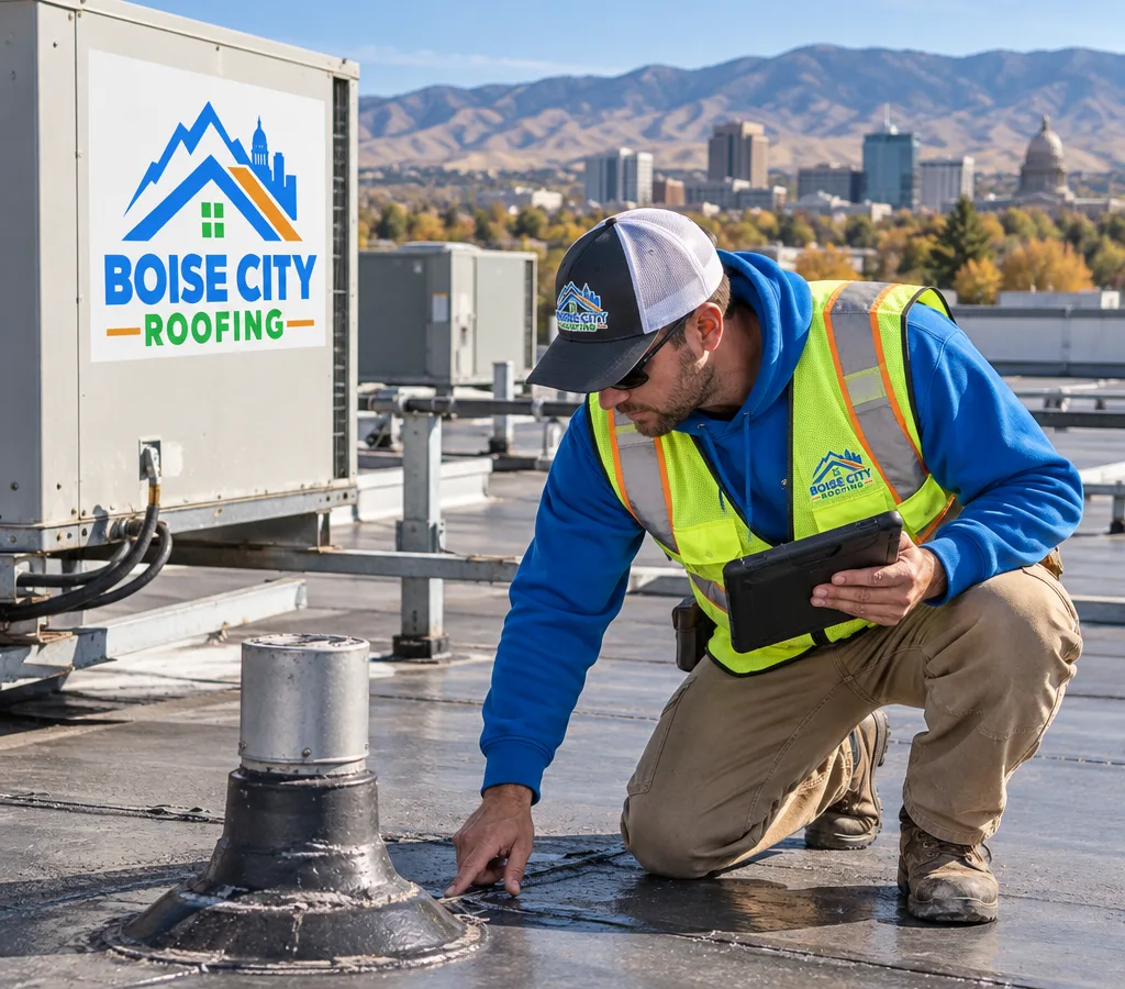 Contractor inspecting penetrations and seams on a Boise-area commercial roof