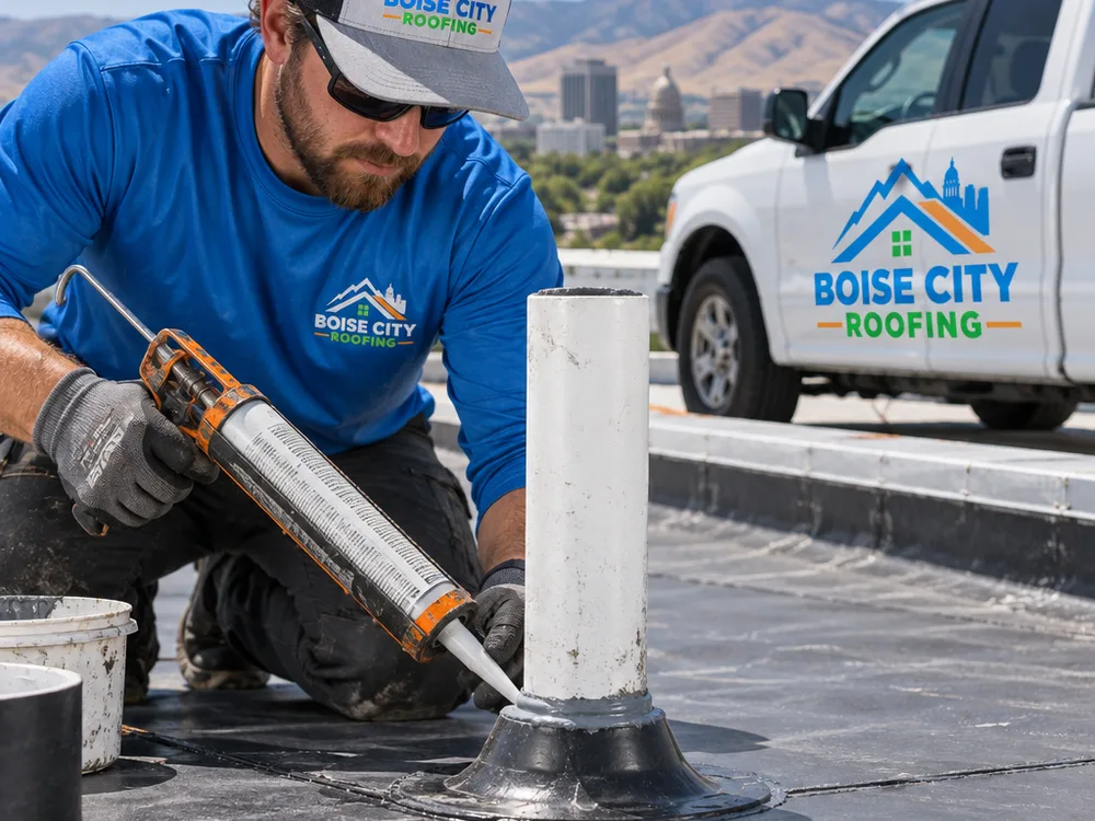 Membrane flashing and sealant at a commercial roof pipe penetration