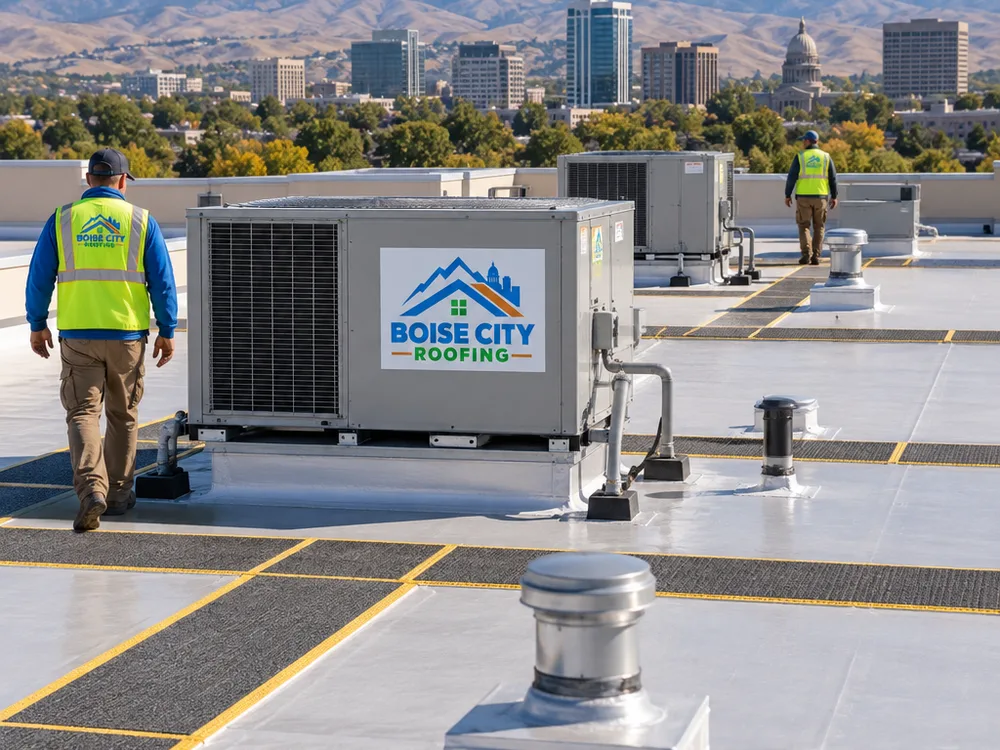 Low-slope commercial roof with rooftop units, parapet walls, penetrations, and walkway pads