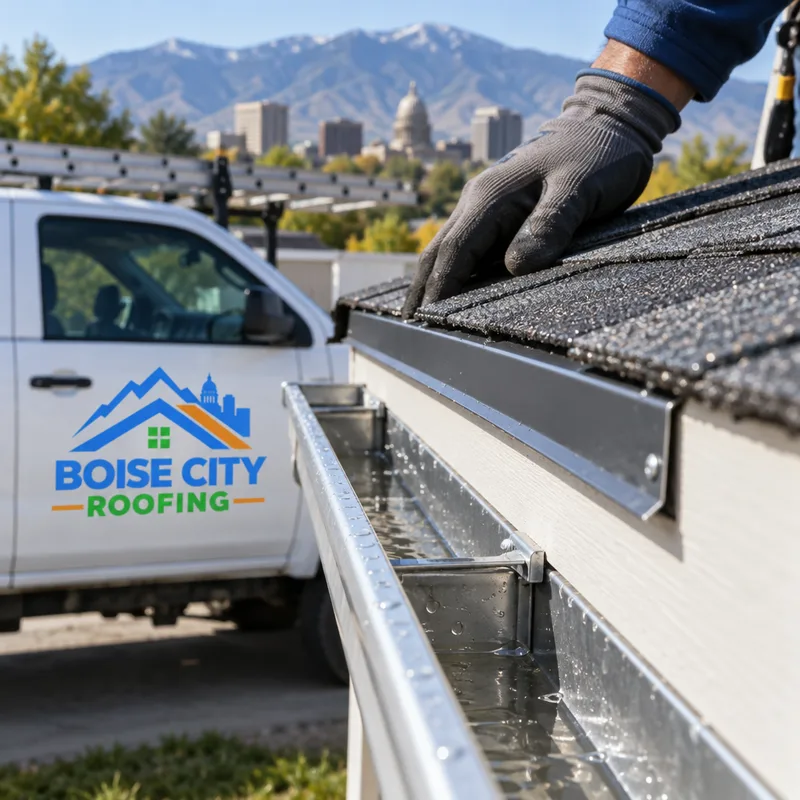Roof edge with metal drip edge directing water into a gutter above fascia in good condition