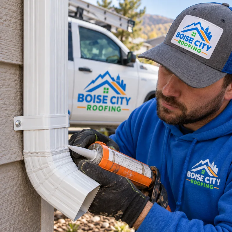 Close-up of a downspout outlet and elbow assembly with sealed seams and a secure strap attachment