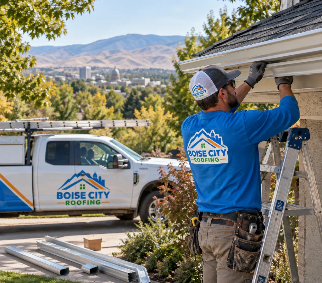 Contractor installing seamless aluminum gutters along an eave on a Boise-area home with downspouts staged nearby