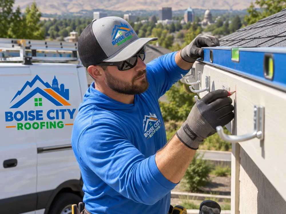 Contractor checking gutter pitch with a level and marking hanger locations along a fascia board