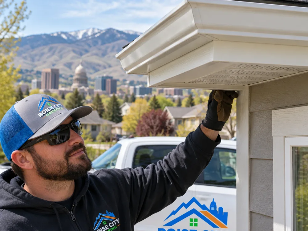 Finished seamless gutter run with clean corner miters and evenly spaced hidden hangers on a residential eave