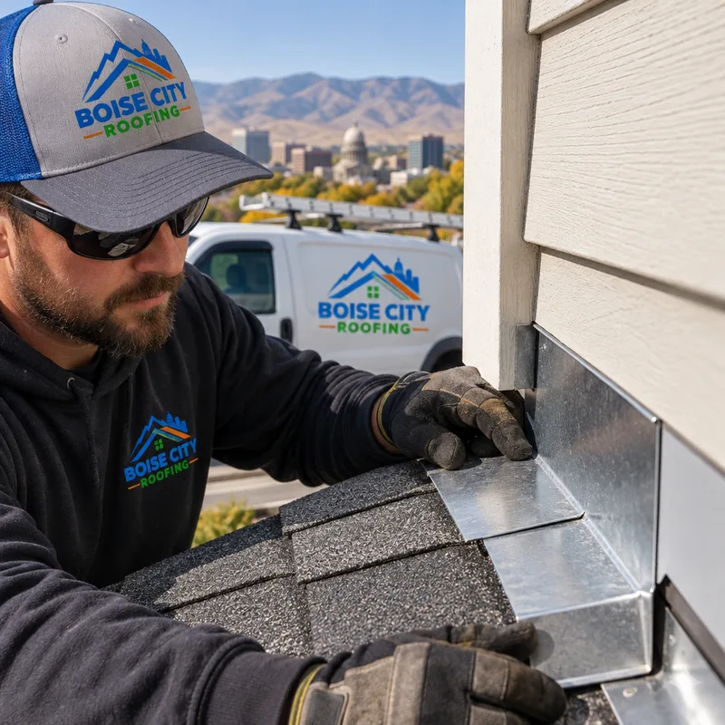 Step flashing and counterflashing at a roof-to-wall intersection with siding above