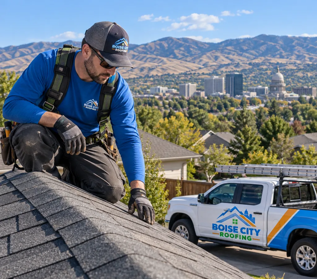 Contractor inspecting shingles near the ridge line of a Boise-area home on a clear day