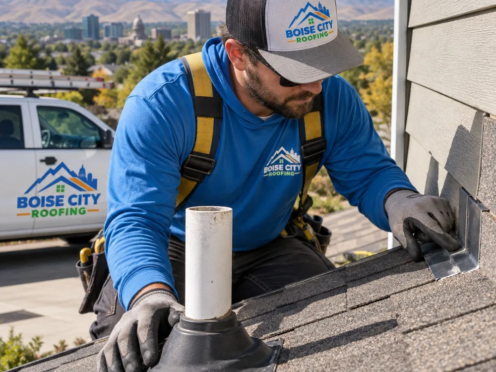 Roofer checking step flashing at a roof-to-wall intersection and inspecting a vent boot for cracks