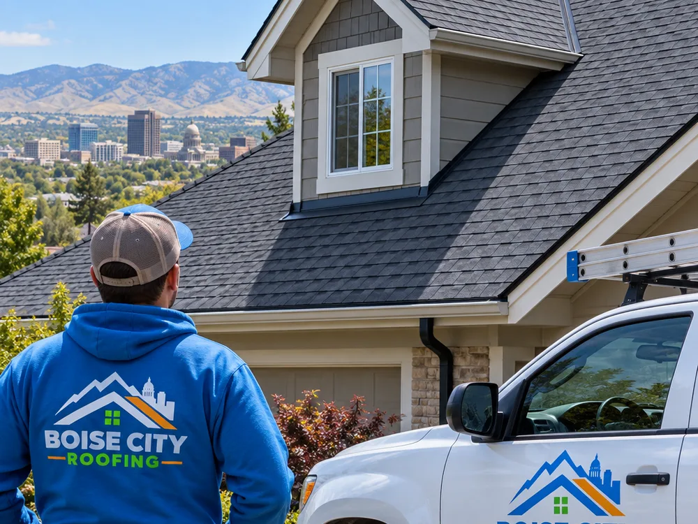 Finished residential roof with clean valley lines, straight courses, and neat dormer flashing on a Boise-area home