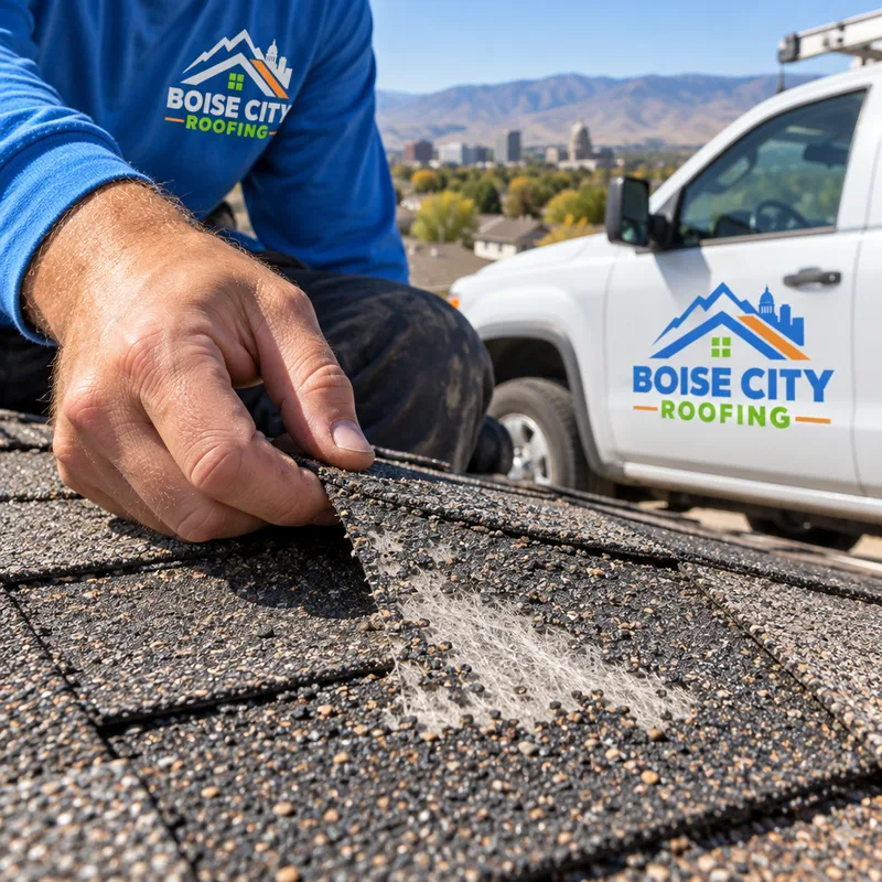 Granule loss and exposed fiberglass mat on aging asphalt shingles in bright sunlight