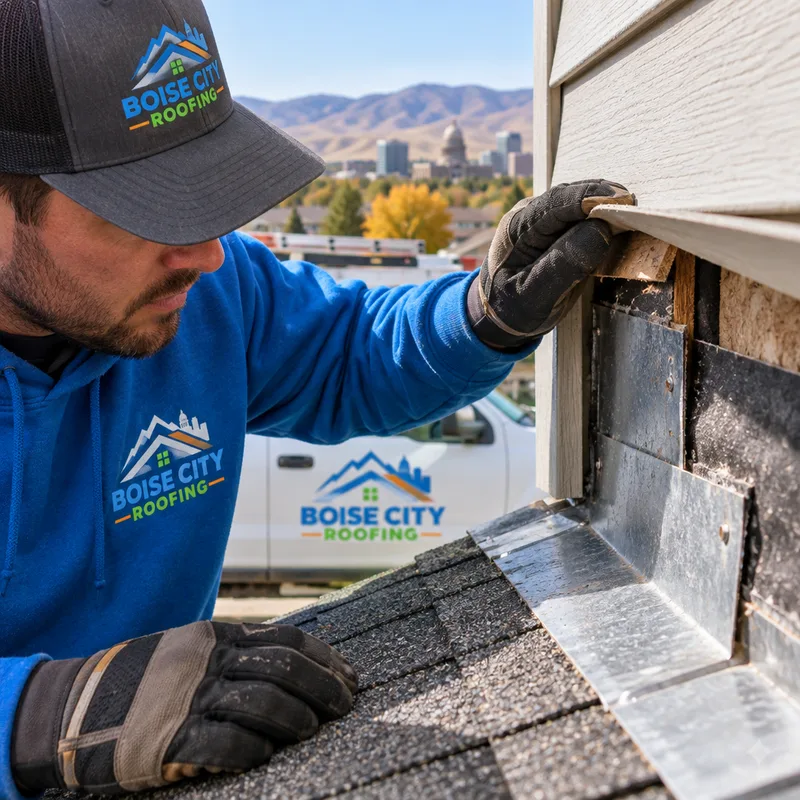 Step flashing exposed for inspection at an asphalt shingle roof-to-wall transition