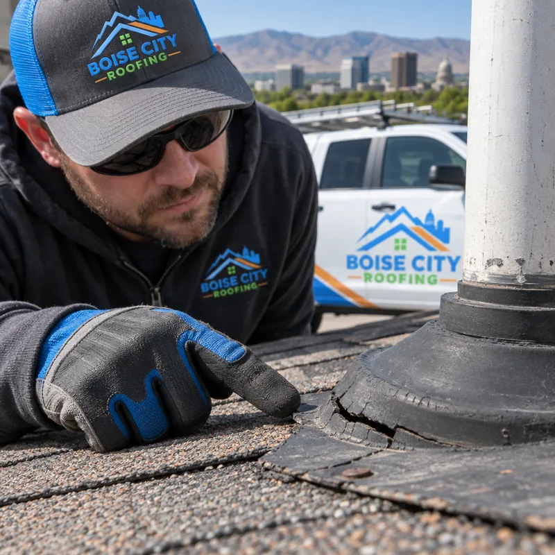 Cracked rubber plumbing vent boot on an asphalt shingle roof showing failure at the base flashing