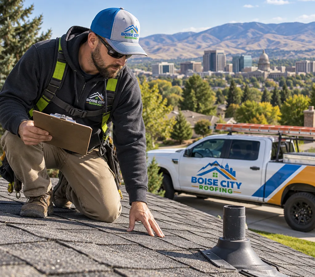 Roofing contractor inspecting asphalt shingles and roof penetrations with a clipboard in clear daylight