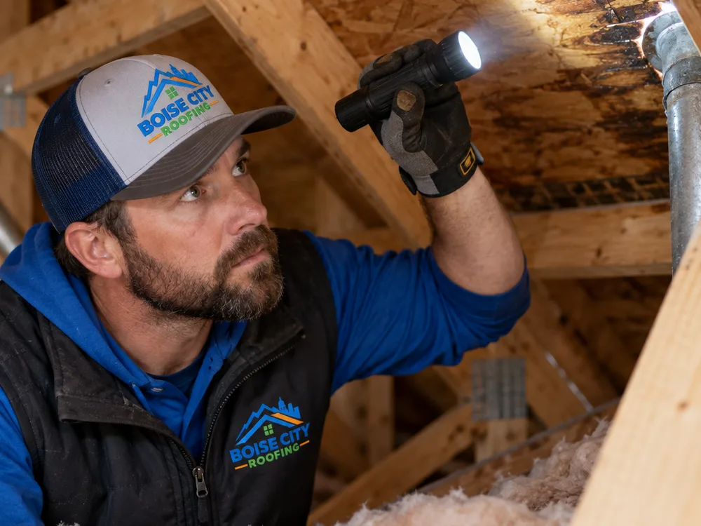 Roofing contractor inspecting an attic with a flashlight for water staining, wet insulation, and daylight around penetrations