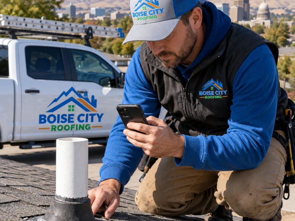 Roofing contractor inspecting flashing around a plumbing vent boot and photographing the condition