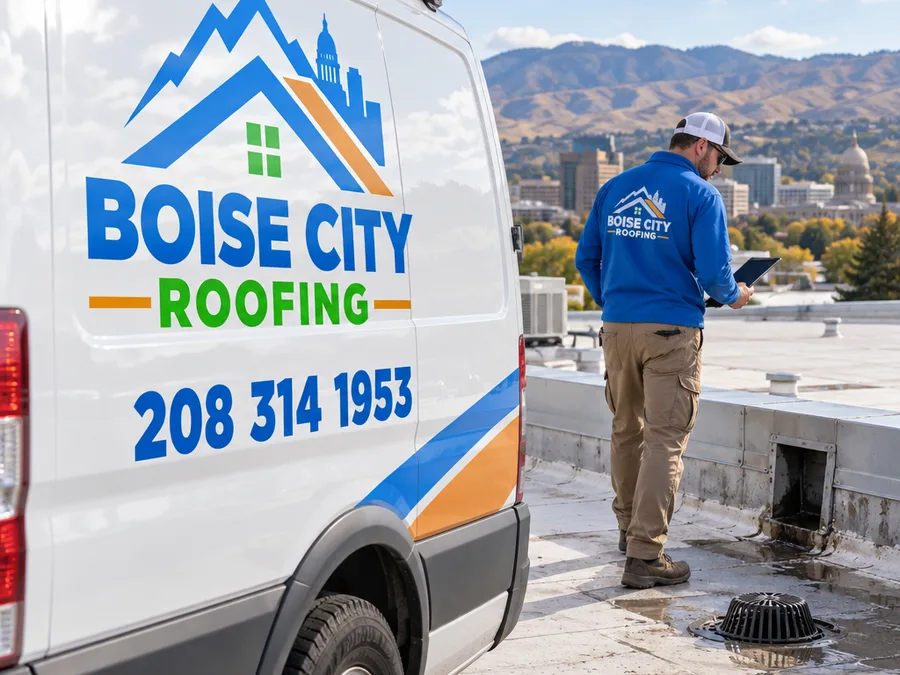 Contractor checking drains and scuppers on a low-slope commercial roof
